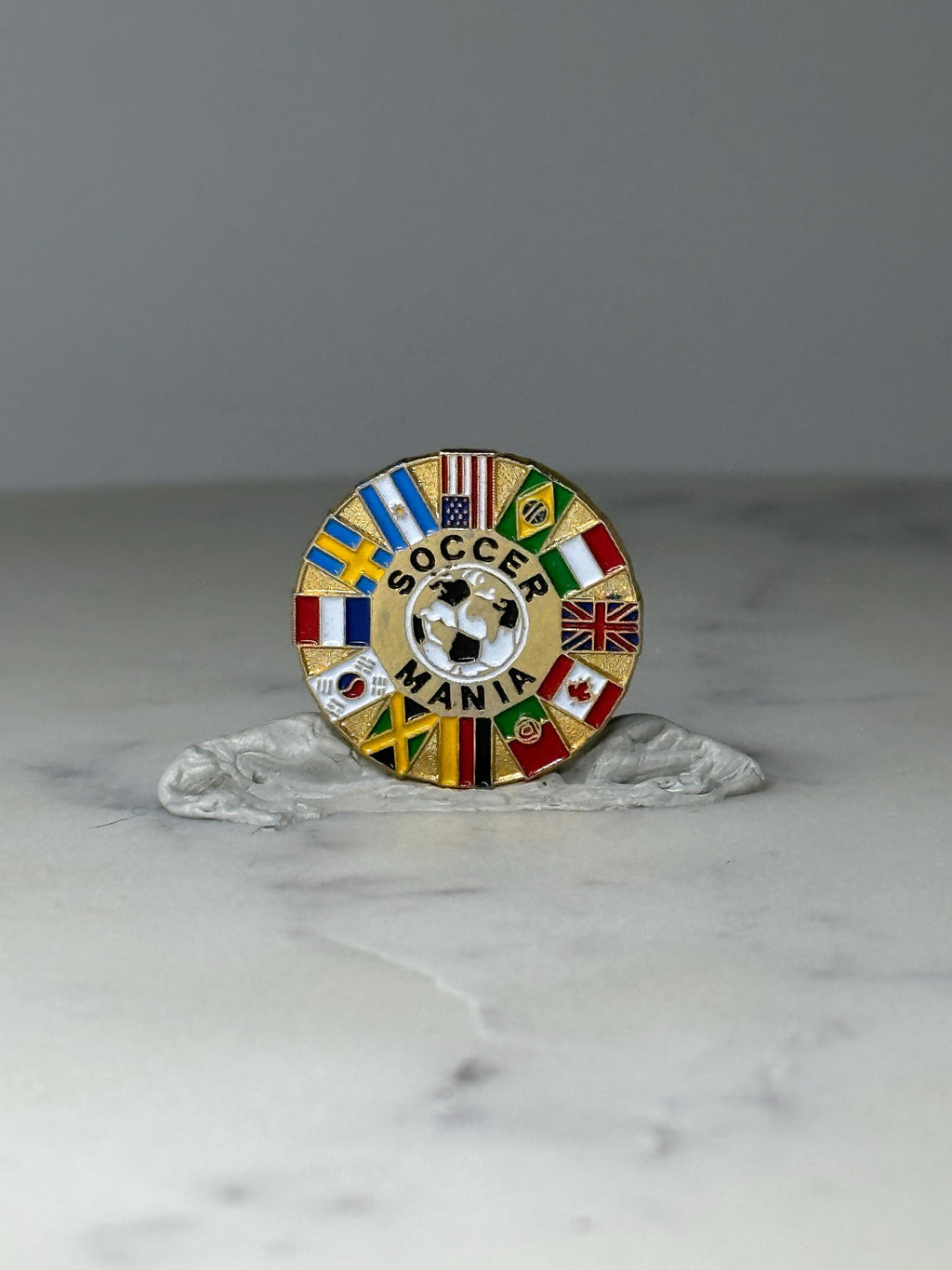 Vintage Soccer Mania Enamel Pin: Gold Tone - International Sports Accessory
