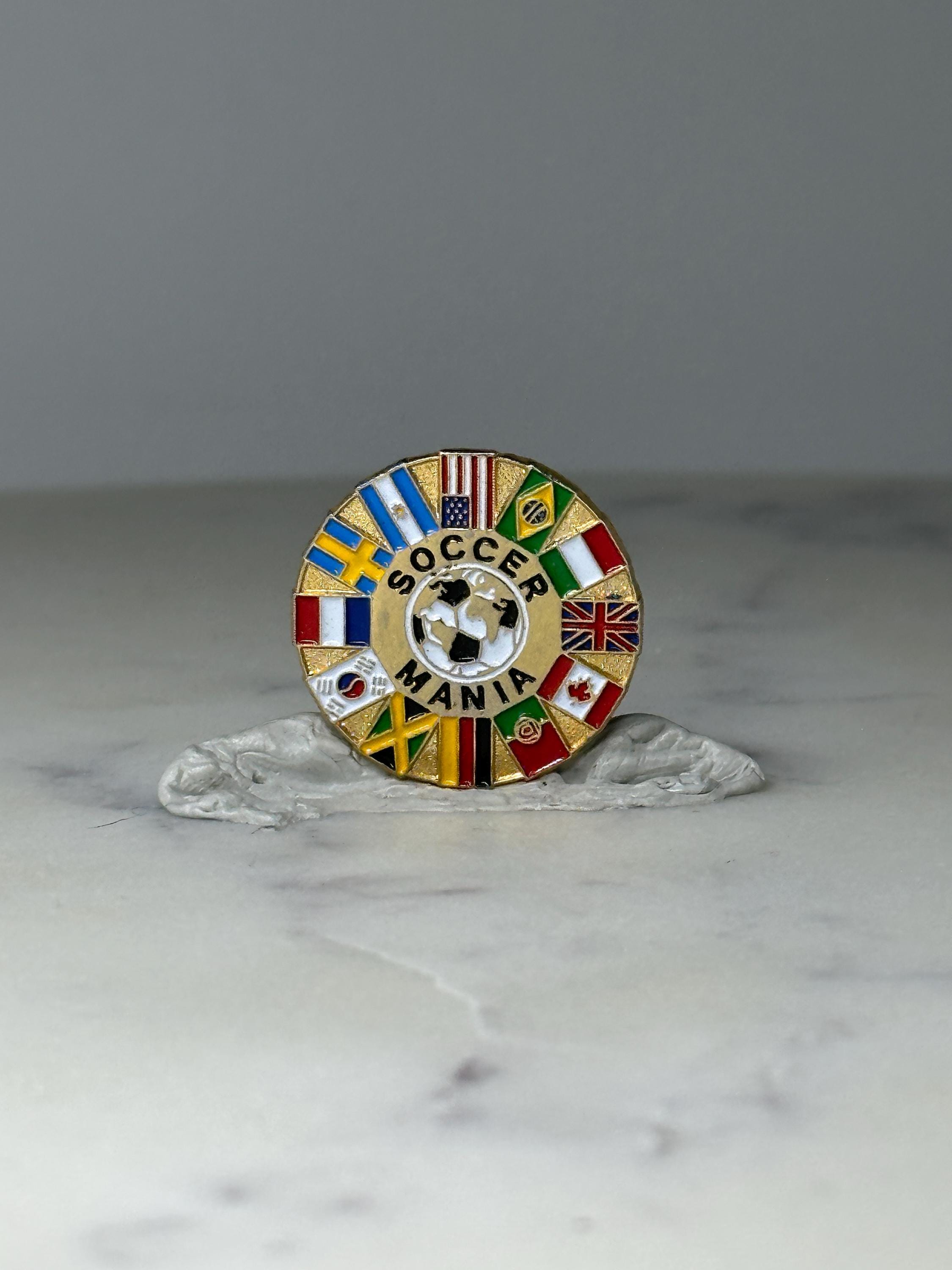 Vintage Soccer Mania Enamel Pin: Gold Tone - International Sports Accessory