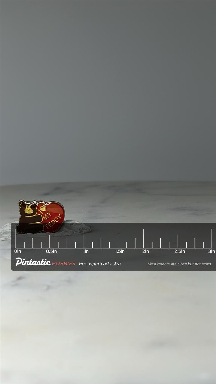 Vintage Teddy Bear Enamel Pin: Red Heart Gold Tone - Love Accessory with ruler overlay for size reference