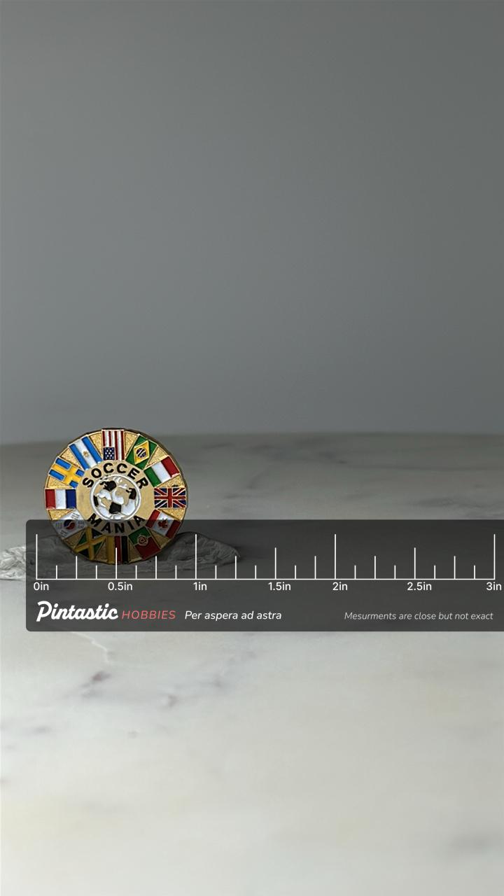 Vintage Soccer Mania Enamel Pin: Gold Tone - International Sports Accessory with ruler overlay for size reference