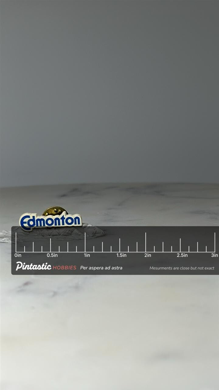 Vintage Edmonton Souvenir Lapel Pin: Blue White Enamel - Canada Travel Accessory with ruler overlay for size reference