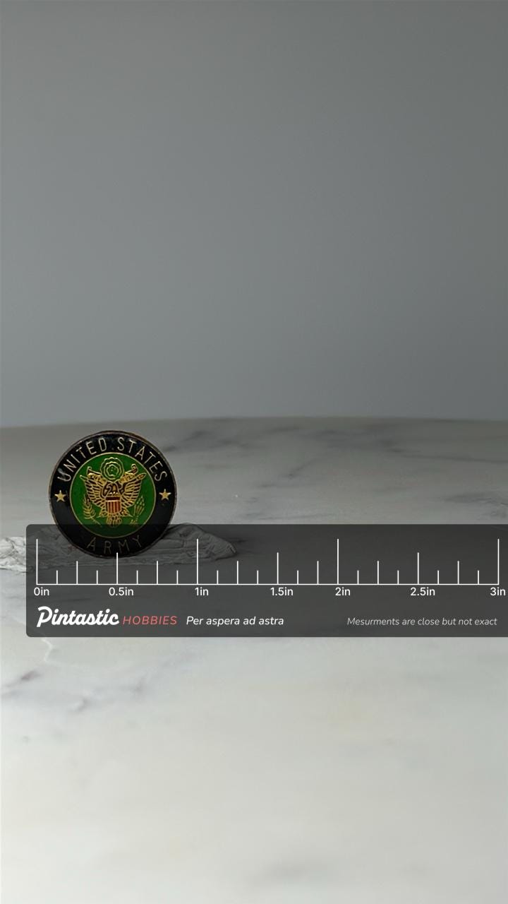 Vintage United States Army Seal Lapel Pin: Green Enamel - Military Accessory with ruler overlay for size reference