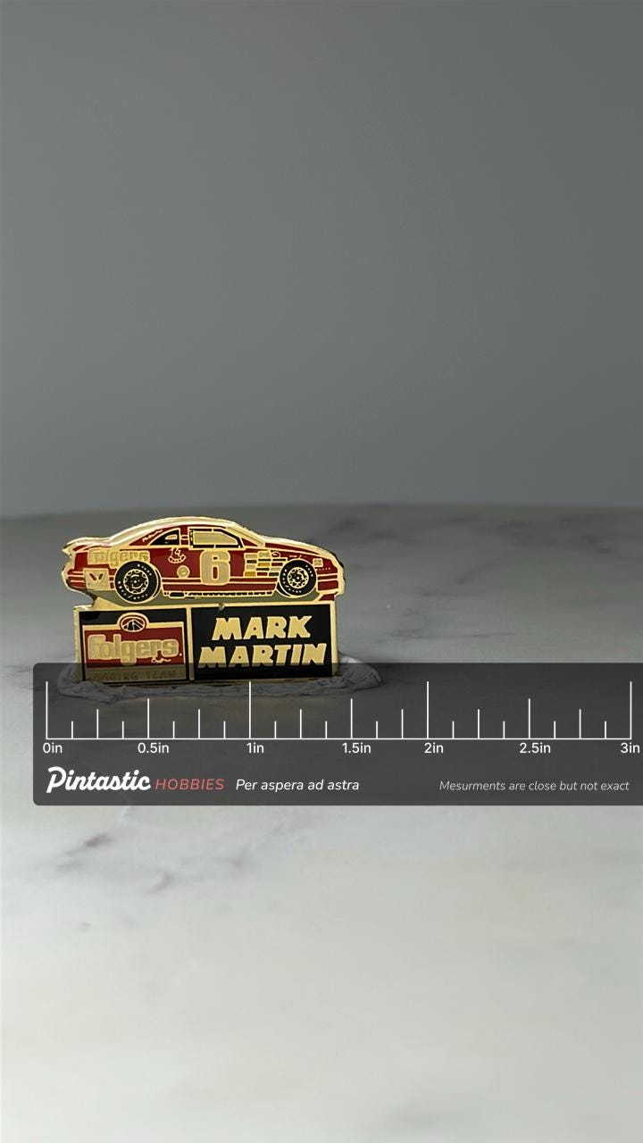 Vintage Mark Martin NASCAR Pin: Gold Tone Enamel - 1990s Racing Accessory with ruler overlay for size reference