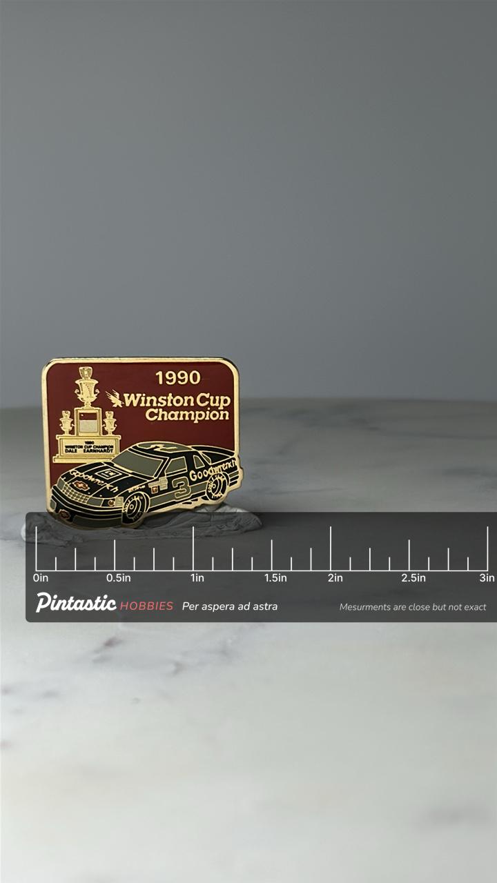 Vintage 1990 Winston Cup Champion NASCAR Pin: Red Enamel Gold - Racing Accessory with ruler overlay for size reference