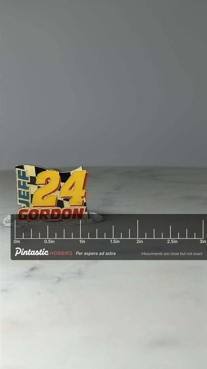 Vintage Jeff Gordon 24 Racing Pin: Enamel Checkered Flag - NASCAR Accessory with ruler overlay for size reference