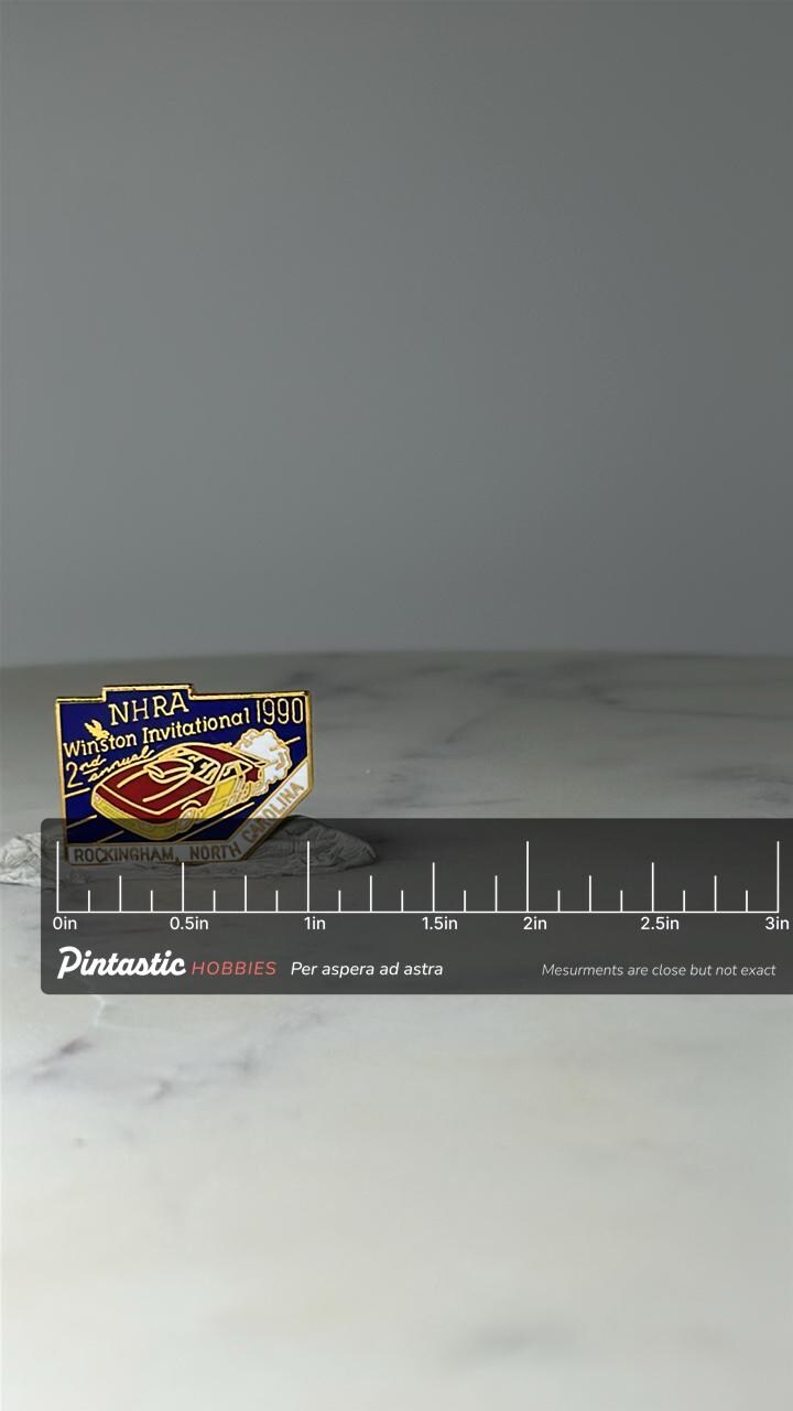 Vintage NHRA Winston Invitational Pin: Gold Tone Enamel - 1990 Racing Accessory with ruler overlay for size reference