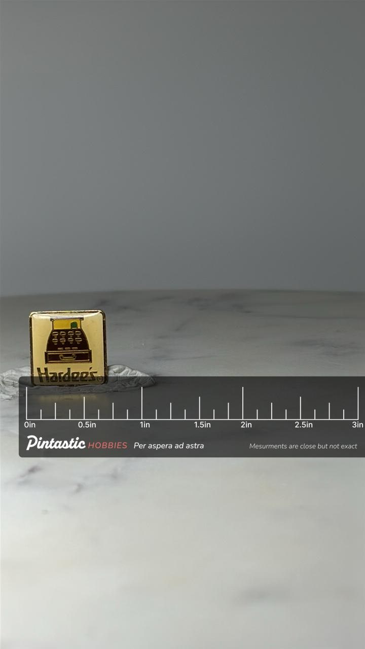 Vintage Hardee’s Cash Register Enamel Pin: Gold Tone - 1980s Restaurant Accessory with ruler overlay for size reference