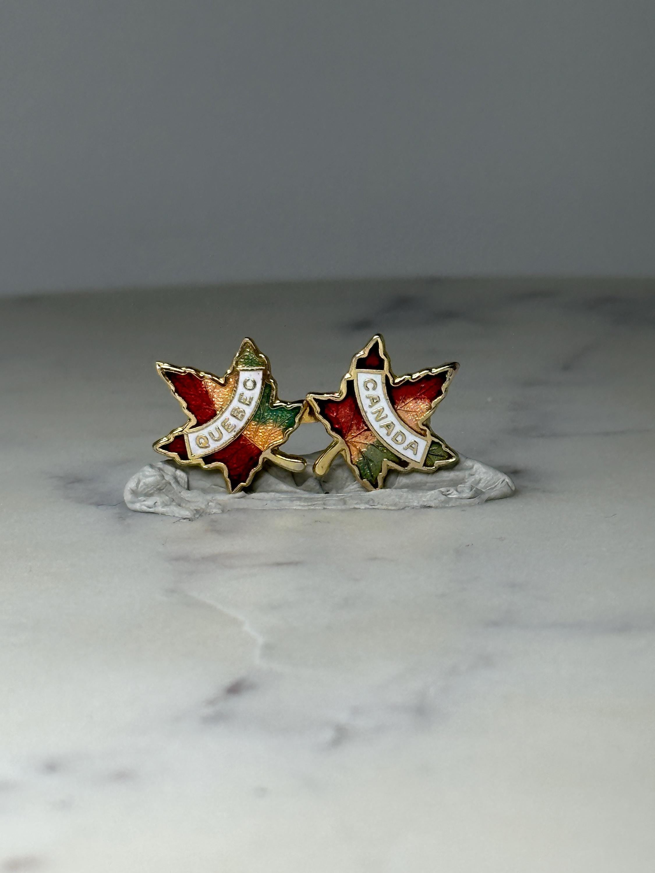 Vintage Canada & Quebec Maple Leaf Pins: Gold Tone Enamel - Travel Souvenir Accessory