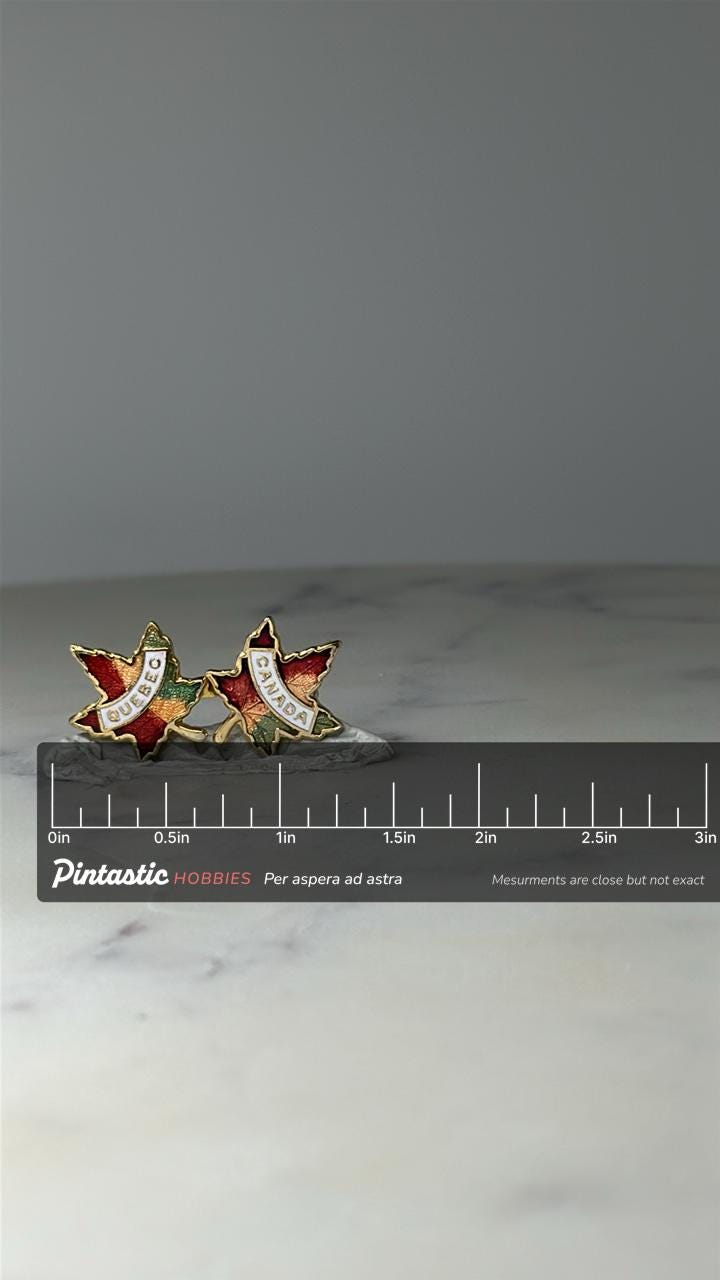 Vintage Canada & Quebec Maple Leaf Pins: Gold Tone Enamel - Travel Souvenir Accessory with ruler overlay for size reference
