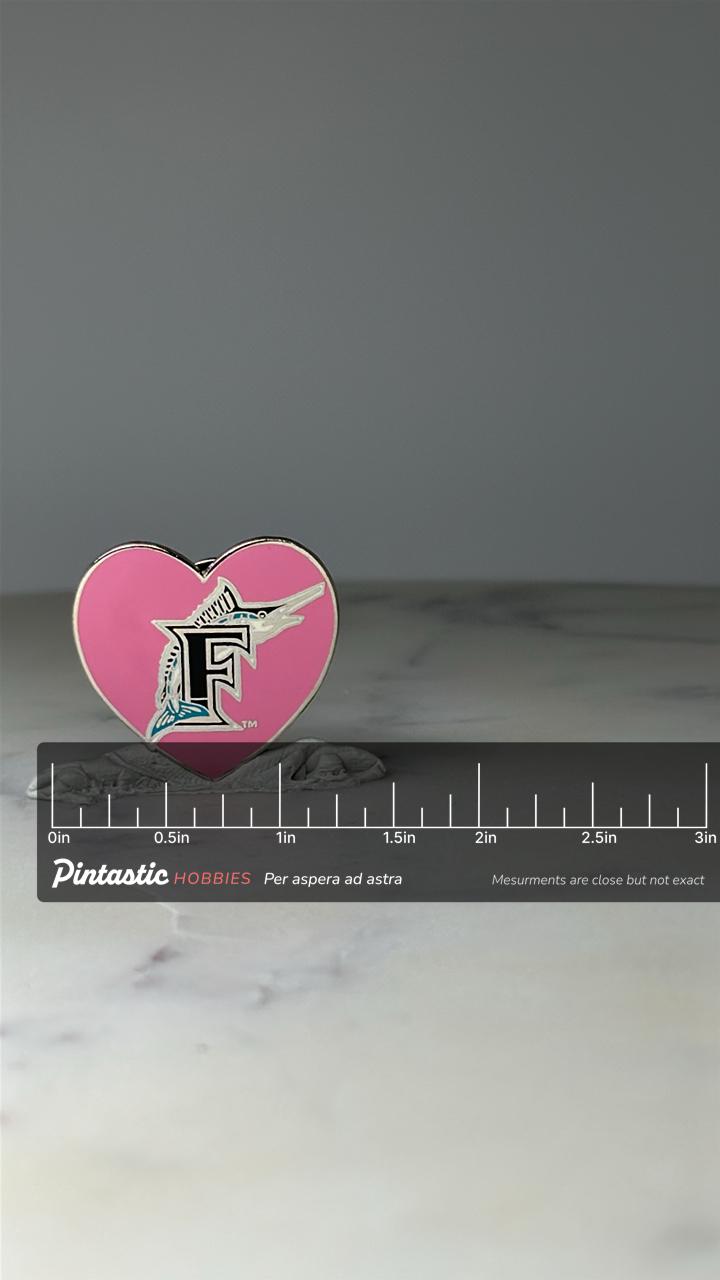 Limited Edition Florida Marlins Heart Pin 36 of 300: Pink Enamel - MLB Fan Accessory with ruler overlay for size reference