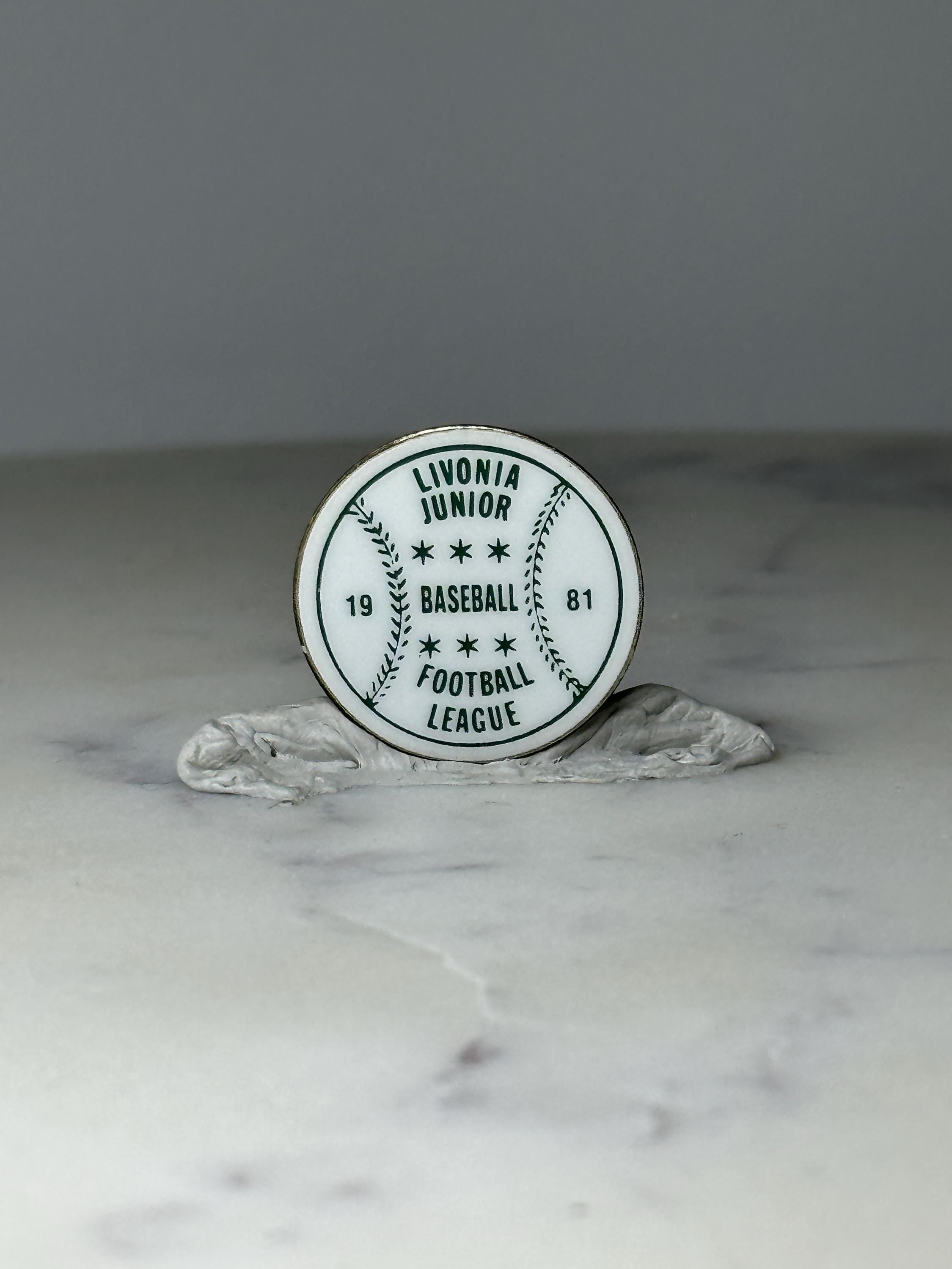 Vintage Livonia Junior Baseball Football Pin: Green Enamel - 1981 Sports Accessory