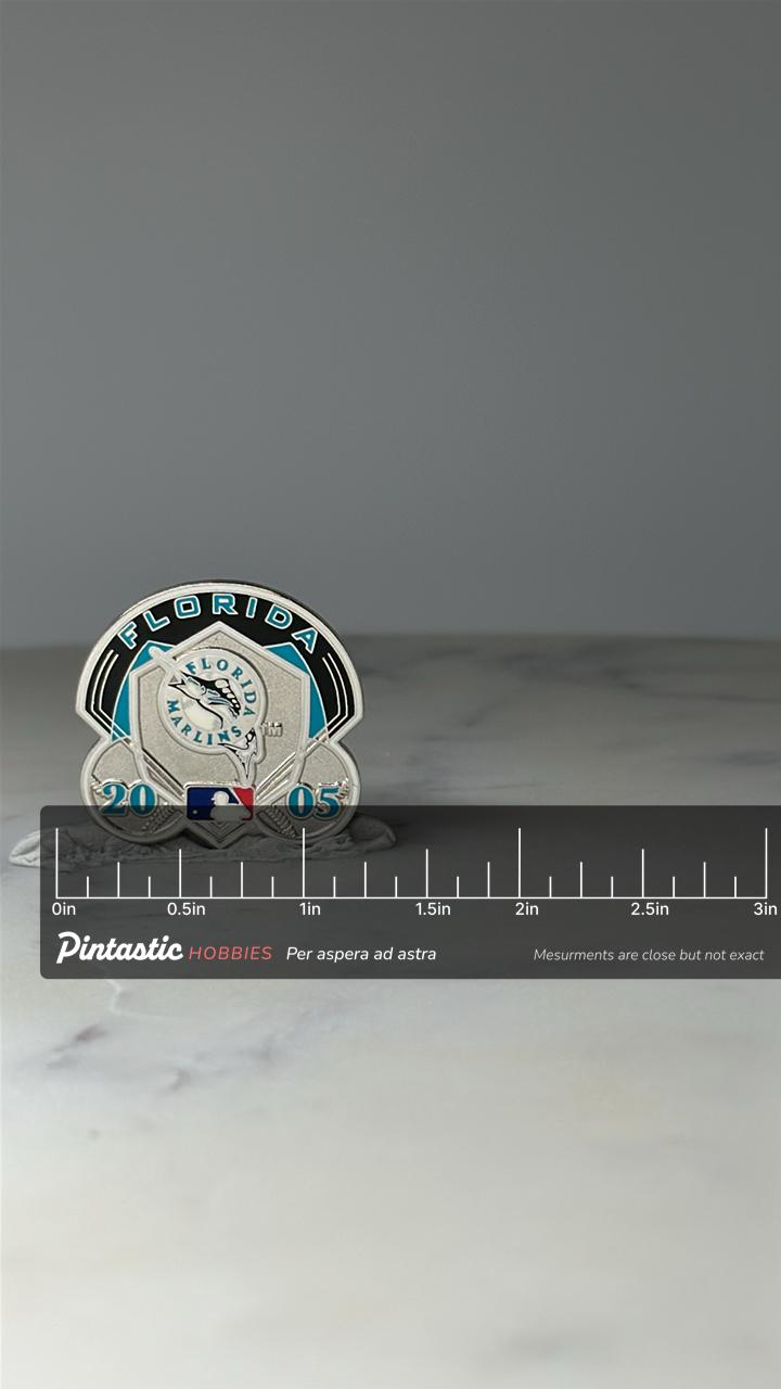 Limited Edition Florida Marlins Enamel Pin 112 of 300: Silver Tone - 2005 MLB Accessory with ruler overlay for size reference