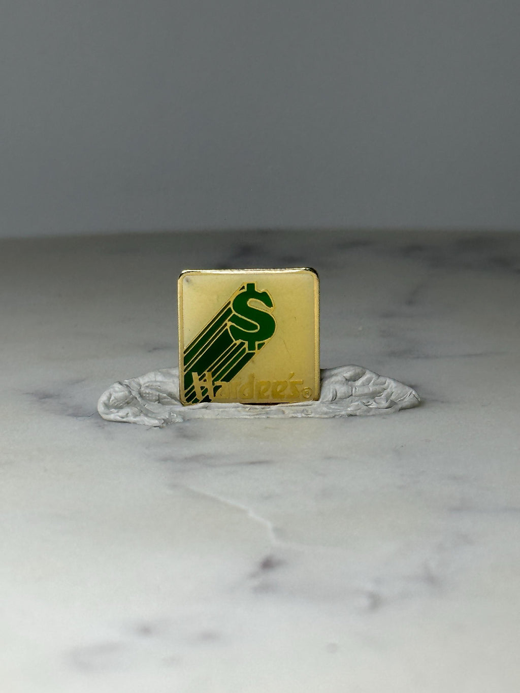 Vintage Hardee’s Dollar Sign Logo Pin: White and Green - Retro Resturant Collectible
