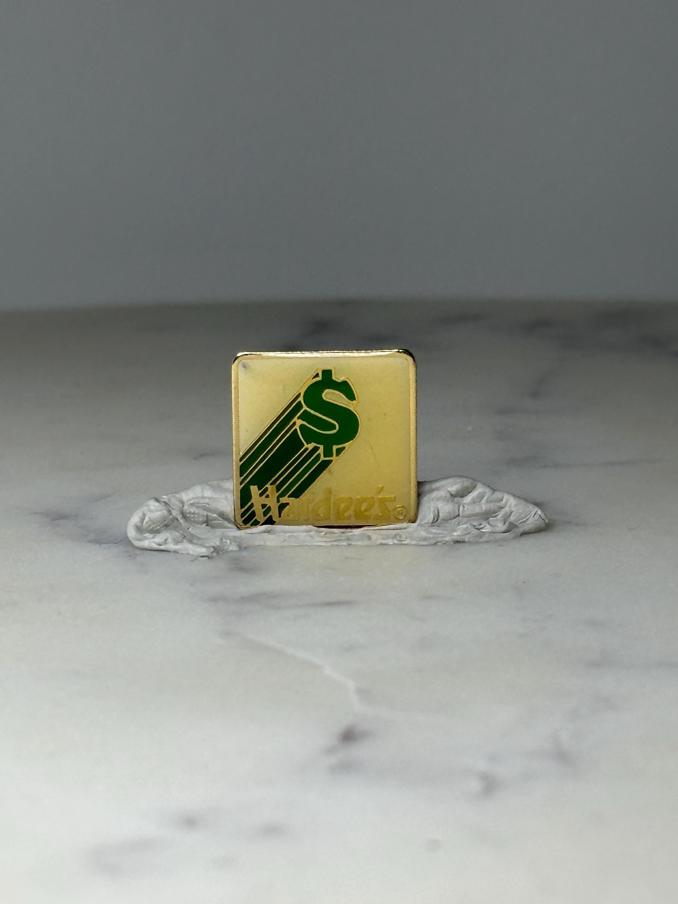 Vintage Hardee’s Dollar Sign Logo Pin: White and Green - Retro Resturant Collectible