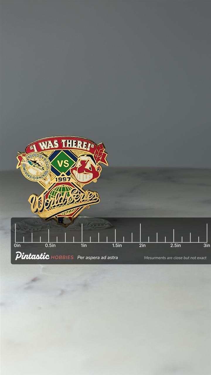 Vintage 1997 World Series Enamel Pin: Gold Tone - MLB Baseball with ruler overlay for size reference