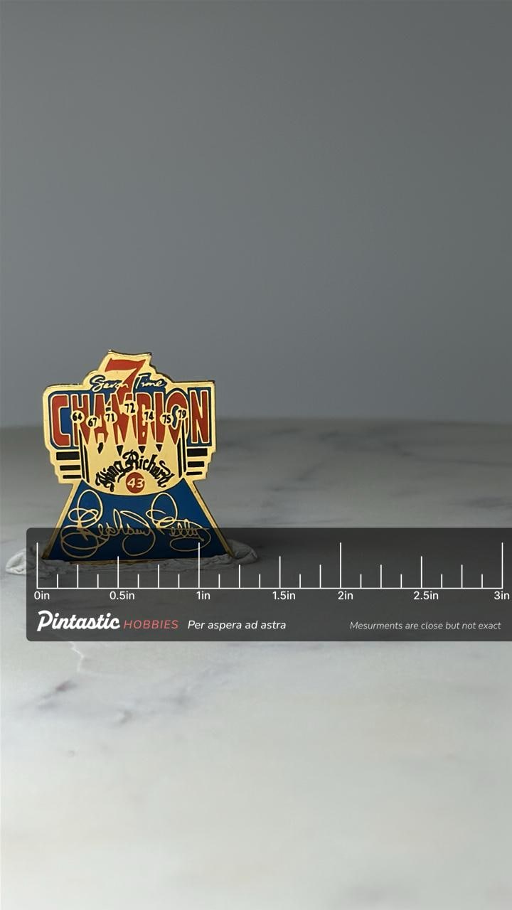 Vintage Richard Petty 7 Time Champion Pin: Enamel - NASCAR Accessory with ruler overlay for size reference