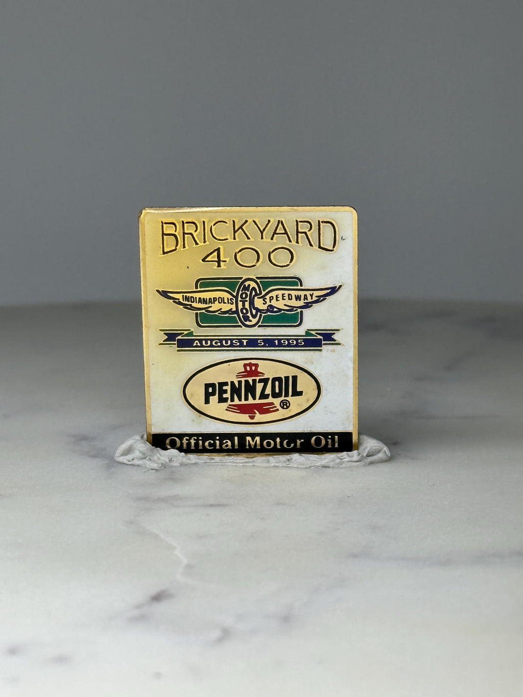 Vintage Brickyard 400 Lapel Pin: Gold Tone Enamel - 1995 Racing Accessory