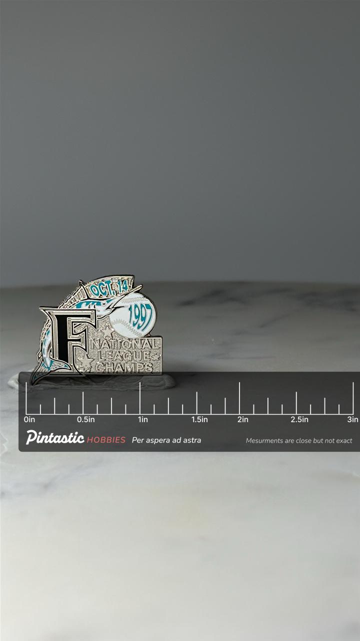 Vintage Limited Edition Florida Marlins NL Champs Pin 646 of 1000: Teal Silver - 1997 Baseball with ruler overlay for size re