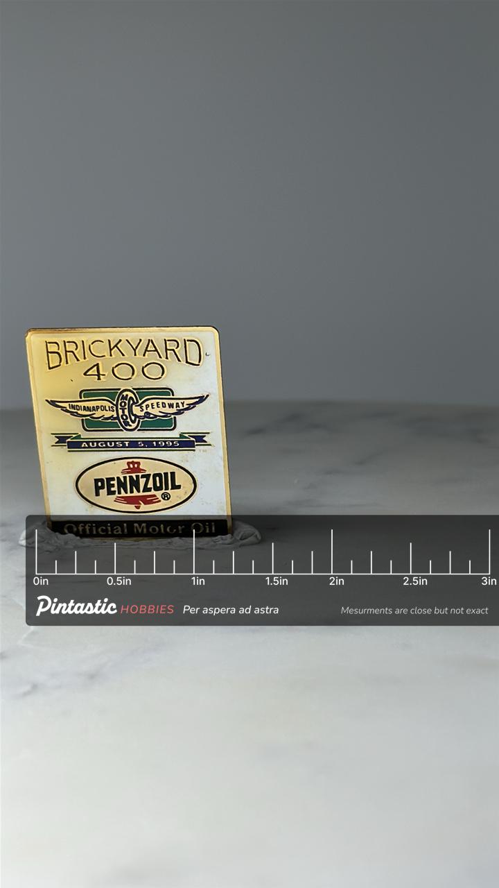 Vintage Brickyard 400 Lapel Pin: Gold Tone Enamel - 1995 Racing Accessory with ruler overlay for size reference