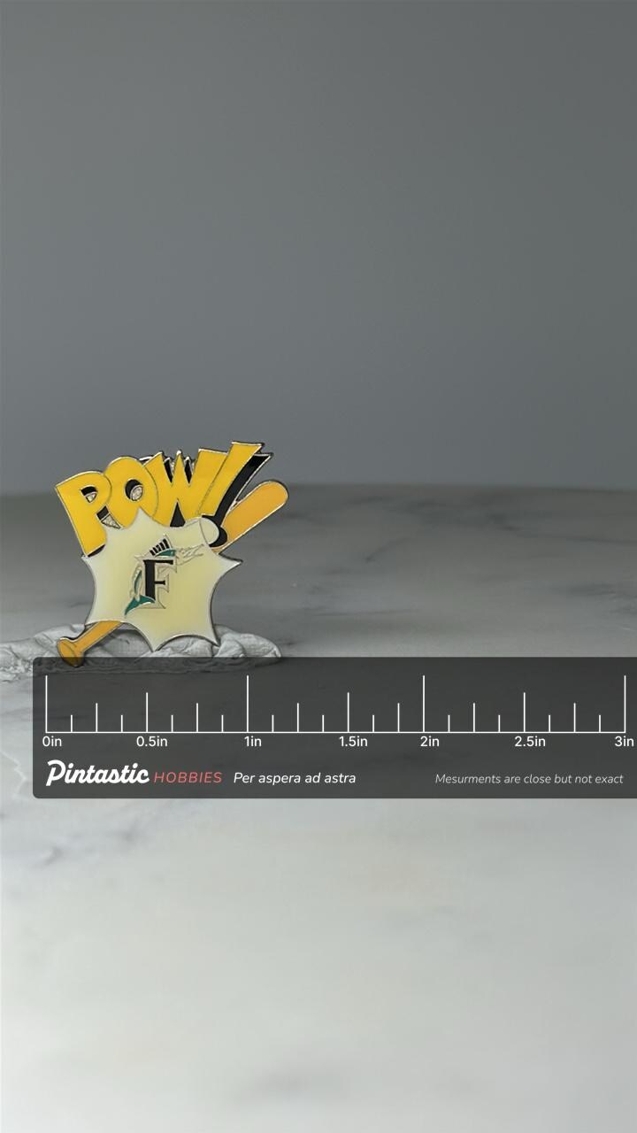 Vintage Florida Marlins POW! Comic Style Pin: Yellow Enamel - 1990s Sports Accessory with ruler overlay for size reference