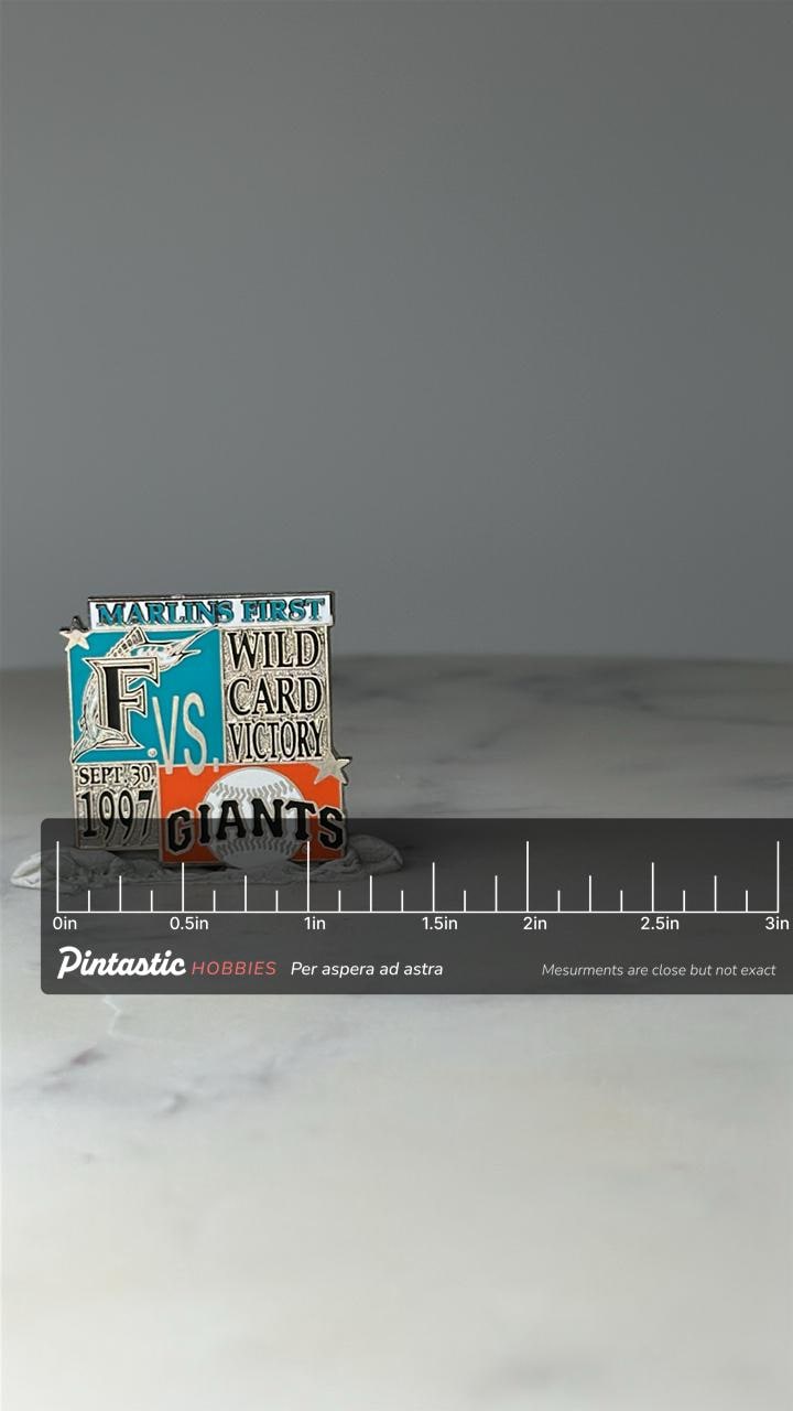 Limited Edition Florida Marlins vs Giants Pin 646 of 1000: Enamel MLB 1997 Accessory with ruler overlay for size reference