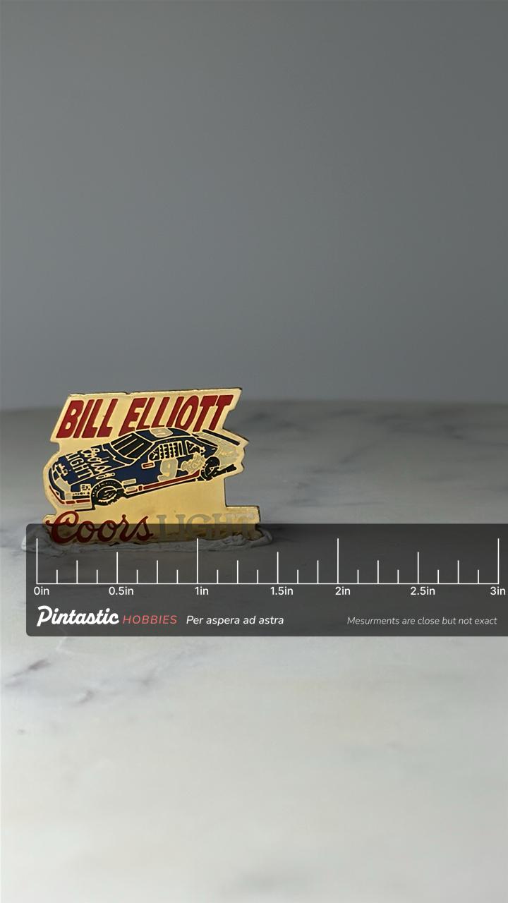 Vintage Bill Elliott NASCAR Pin: Gold Tone Enamel - 90s Racing Accessory with ruler overlay for size reference