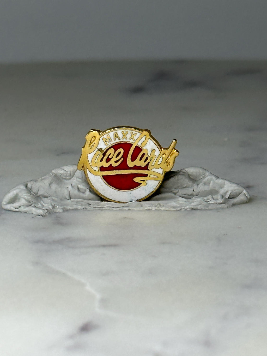 Vintage MAXX Race Cards Enamel Lapel Pin: Red White Gold - 1990s Racing Pin
