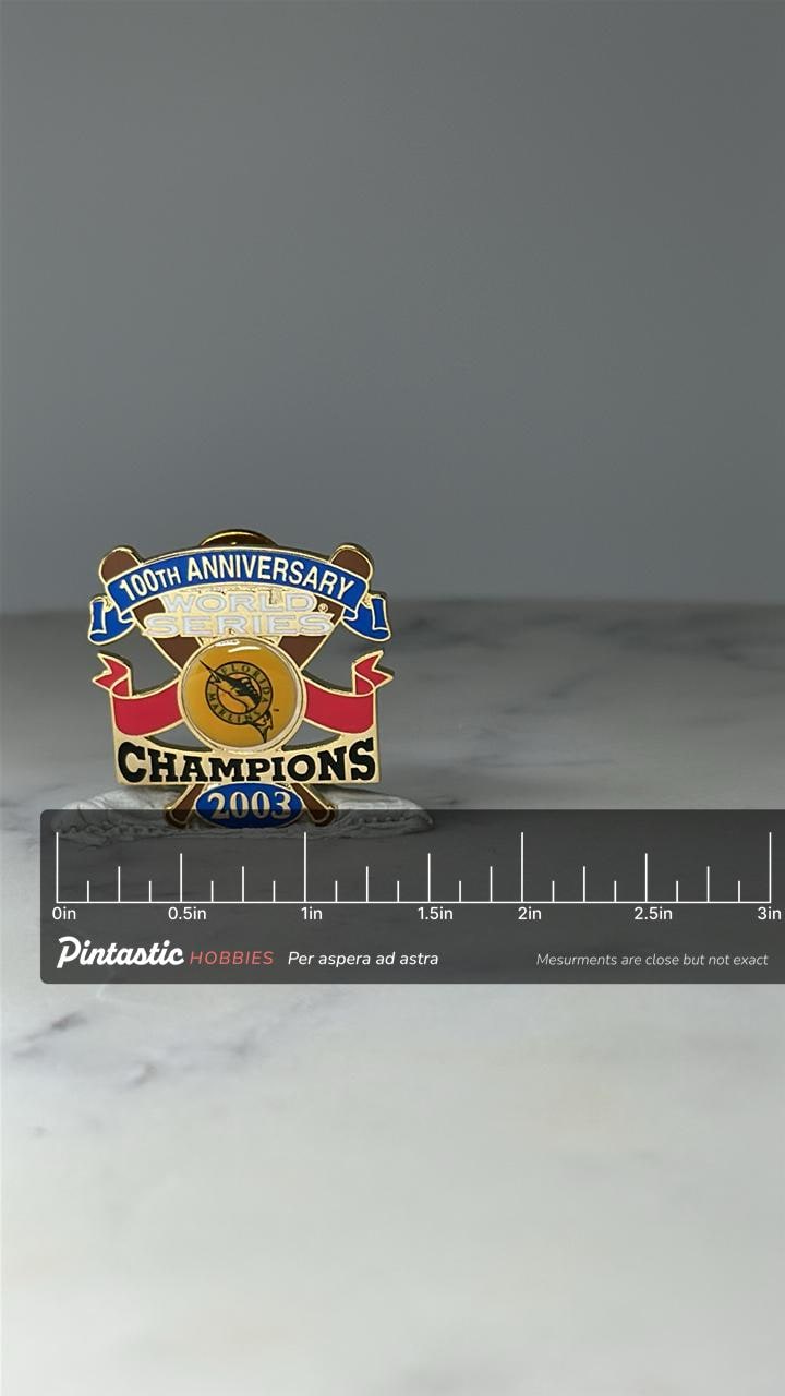 Vintage Florida Marlins World Series Pin: Gold Enamel - 2003 Champions Accessory with ruler overlay for size reference