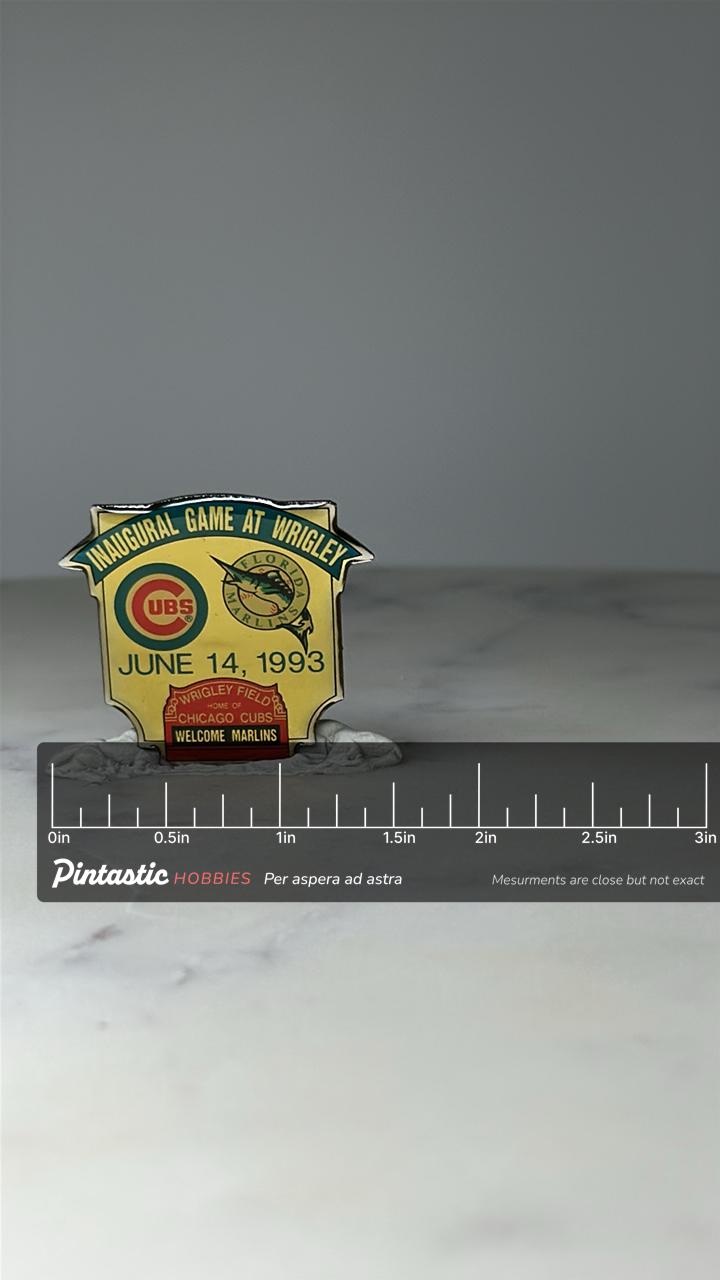 Vintage Chicago Cubs Inaugural Game Pin: Color Enamel - 1993 MLB Accessory with ruler overlay for size reference