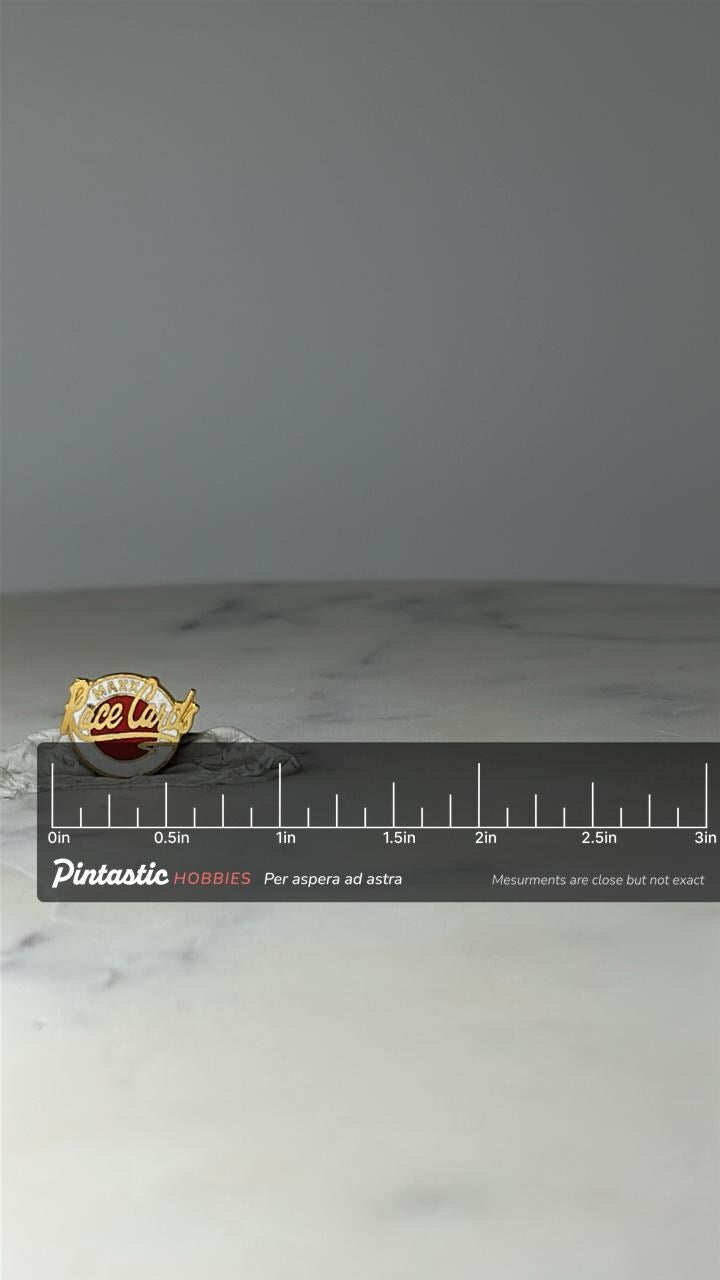 Vintage MAXX Race Cards Enamel Lapel Pin: Red White Gold - 1990s Racing Pin with ruler overlay for size reference