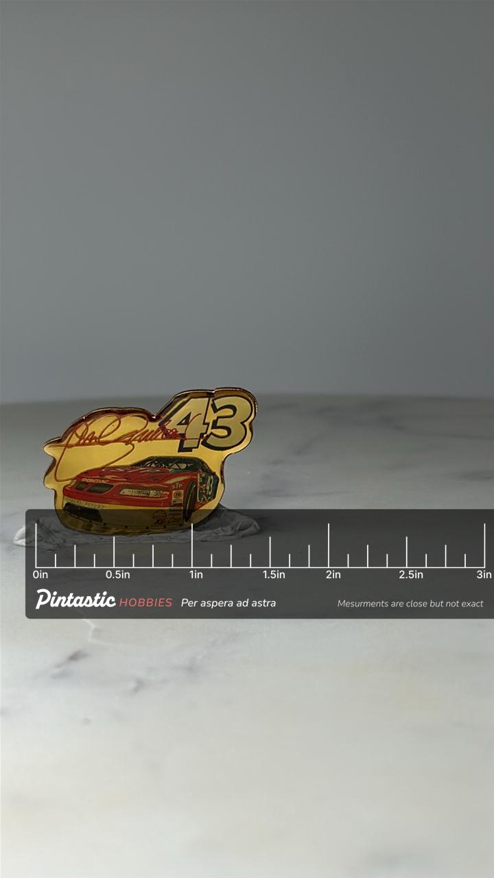 Vintage John Andretti 43 NASCAR Pin: Gold Enamel - 1990s Racing Accessory with ruler overlay for size reference