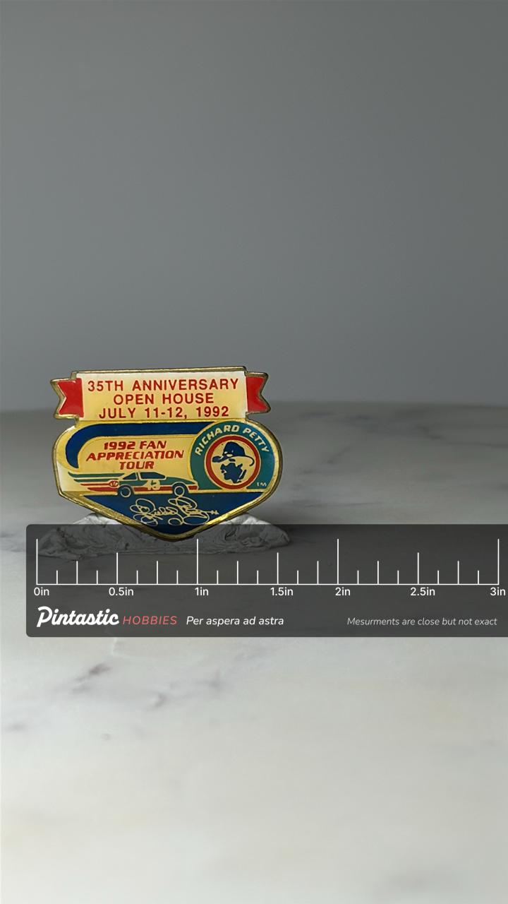 Vintage Richard Petty Racing Lapel Pin: Enamel 1992 Fan Tour - NASCAR Accessory with ruler overlay for size reference