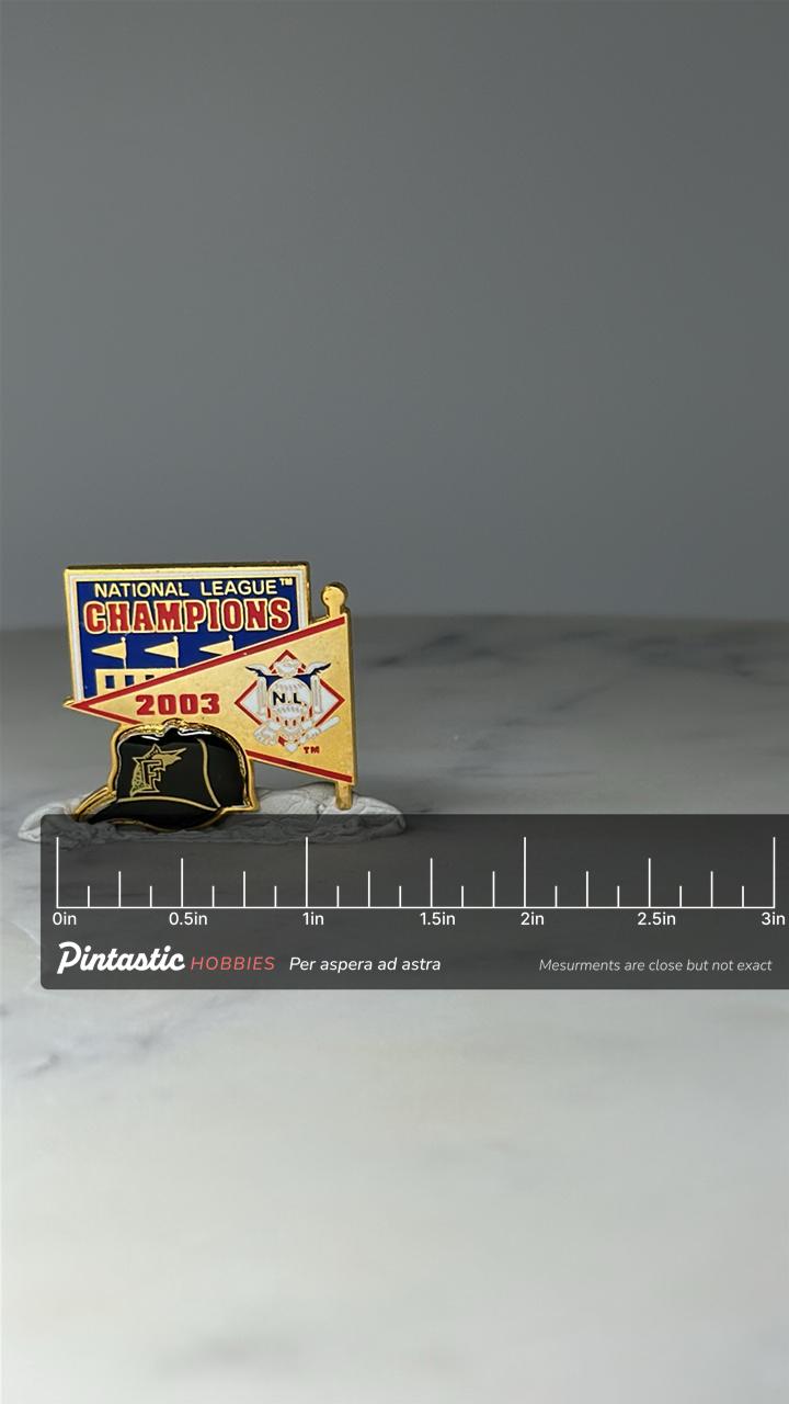 Vintage 2003 Florida Marlins NL Champions Pin: Gold Enamel MLB with ruler overlay for size reference