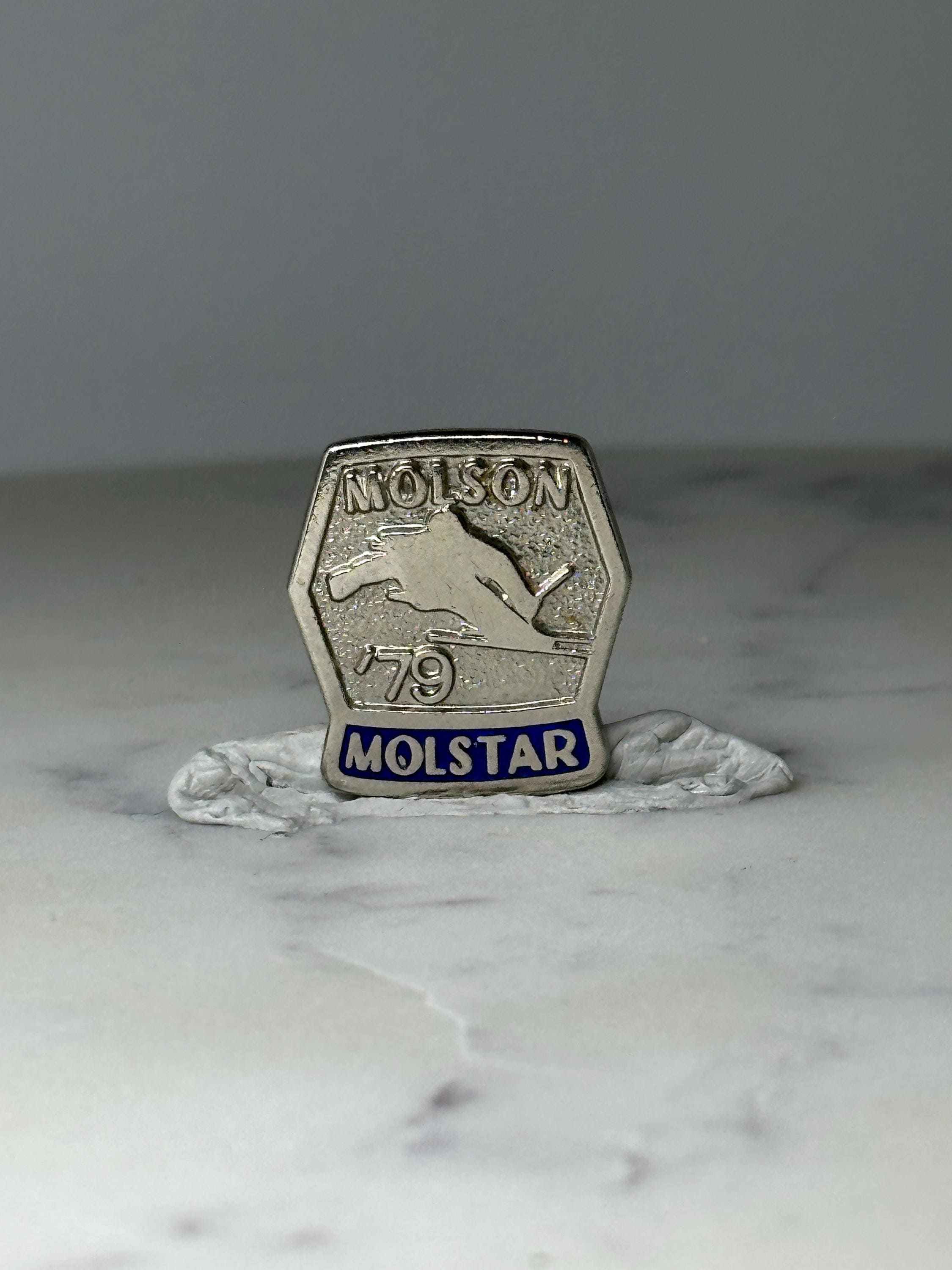 Vintage Molson 79 Molstar Beer Skiing Lapel Pin: Silver Tone - 1970s Brewery Promo Accessory