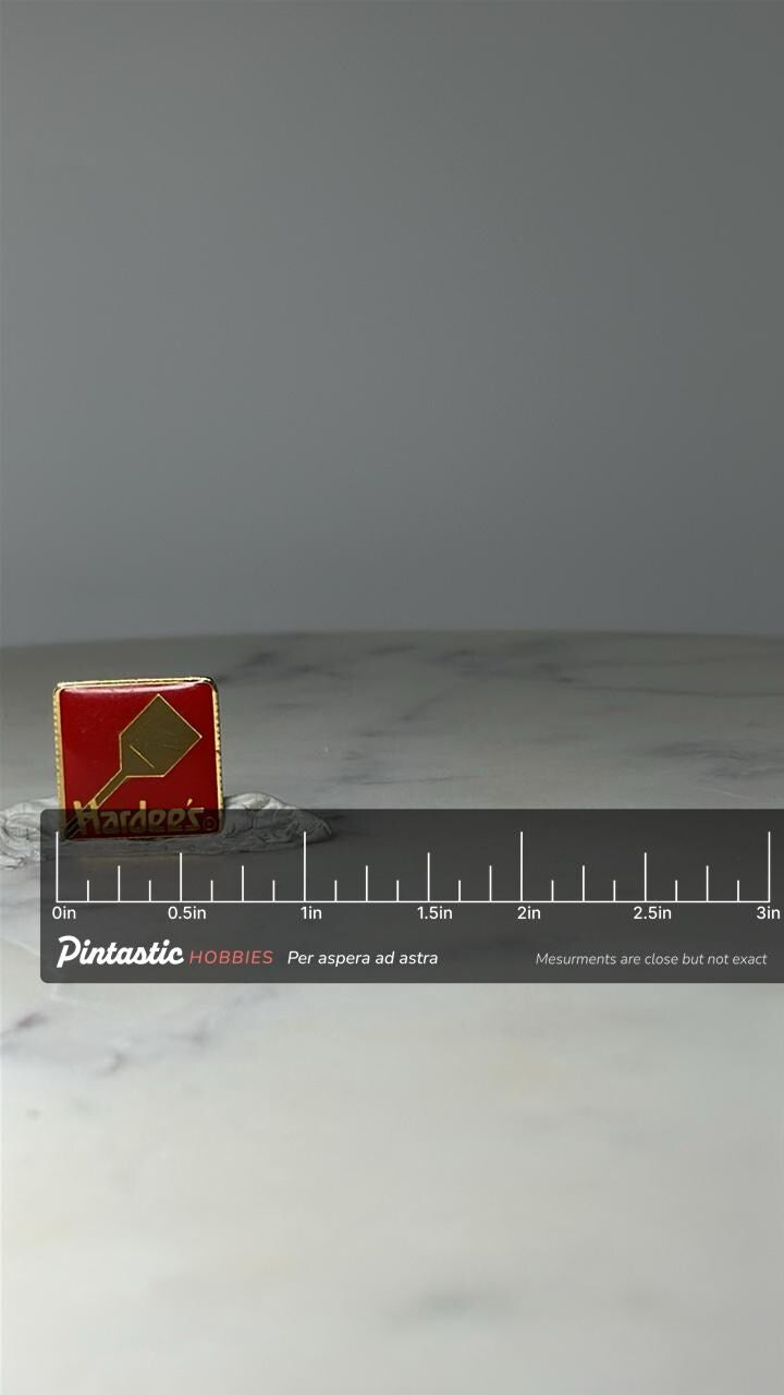 Vintage Hardee’s Spatula Logo Lapel Pin: Red & Gold Enamel - Fast Food Era Accessory with ruler overlay for size reference