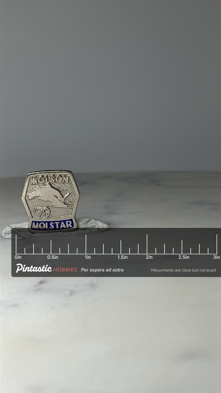 Vintage Molson 79 Molstar Beer Skiing Lapel Pin: Silver Tone - 1970s Brewery Promo Accessory with ruler overlay for size refe