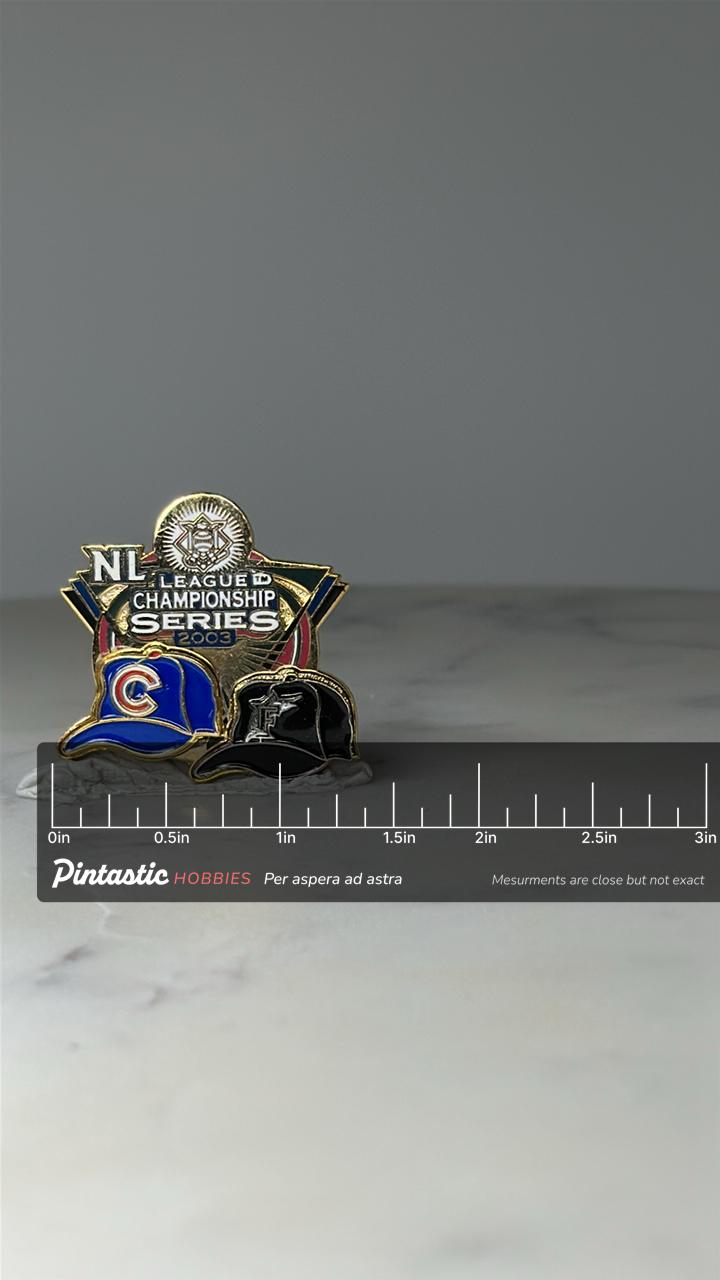 Vintage 2003 NLCS Baseball Pin: Gold Enamel - MLB Playoff Accessory with ruler overlay for size reference