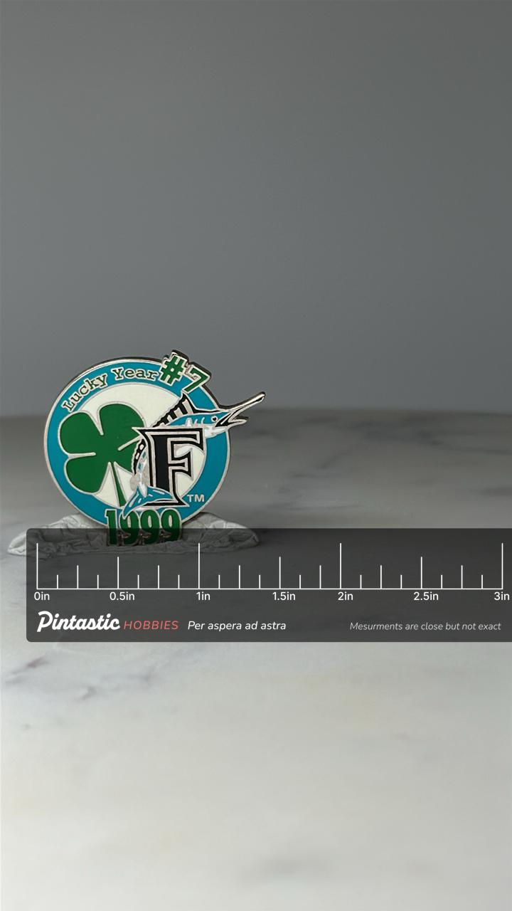 Limited Edition Vintage Florida Marlins 1999 Lucky Year #7 Pin of 500: Enamel - MLB Accessory with ruler overlay for size ref