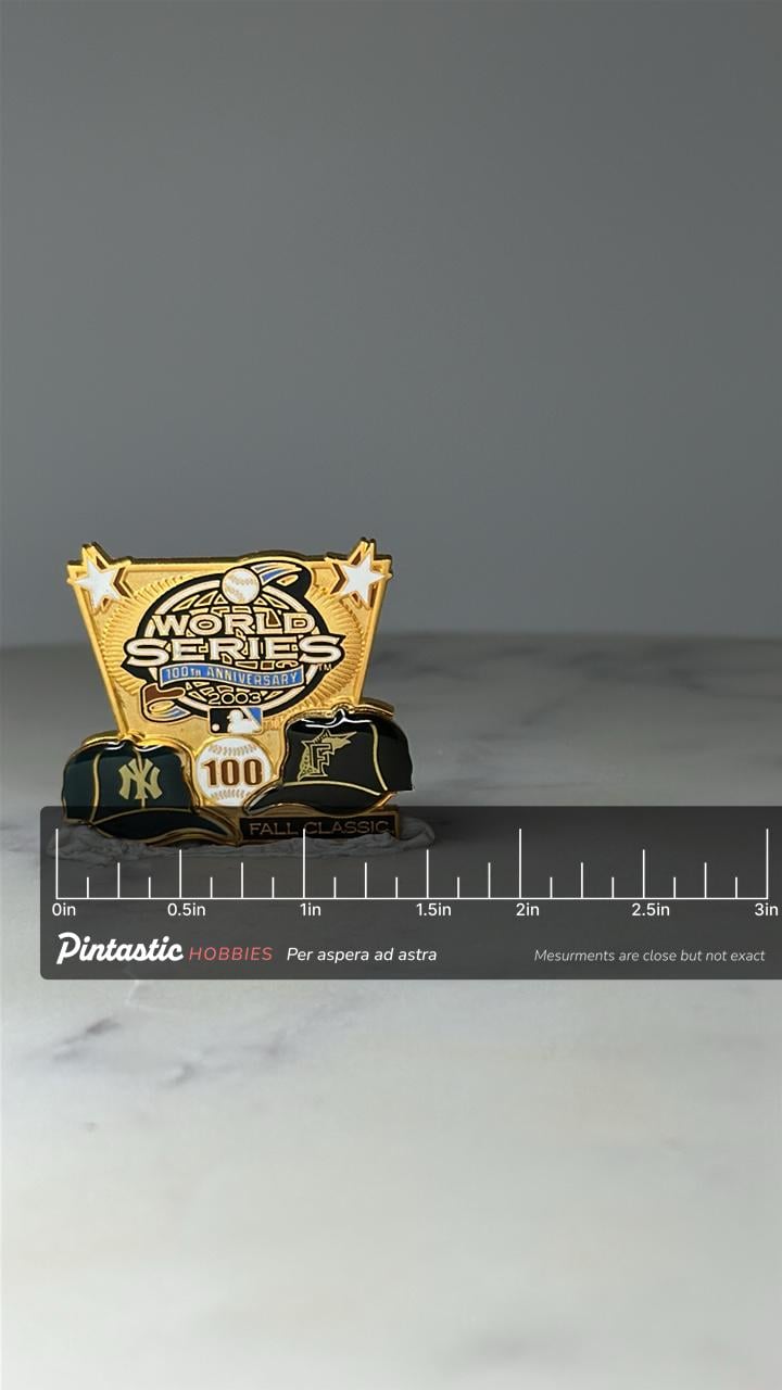 Vintage 2003 World Series Hat Pin: Gold Enamel - MLB 100th Anniversary Accessory with ruler overlay for size reference