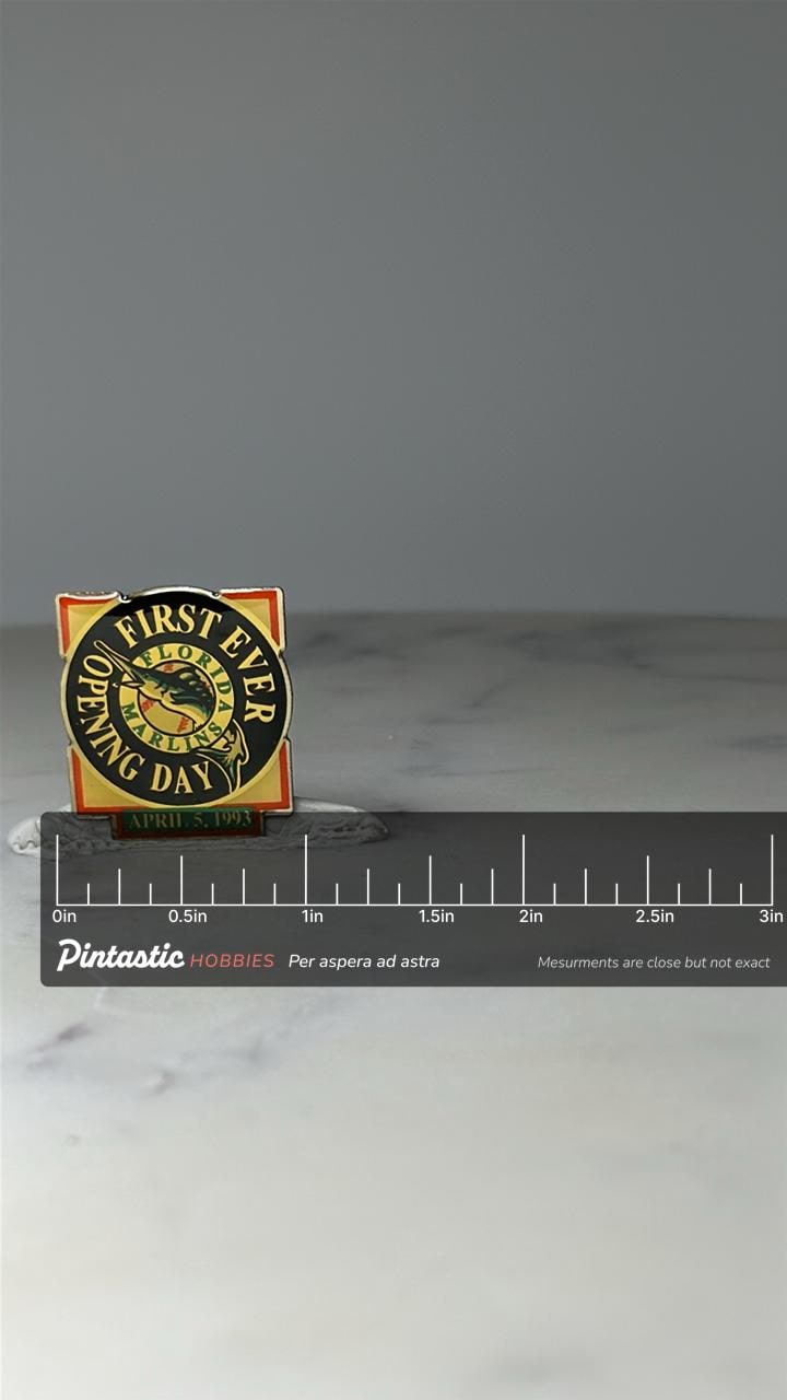 Vintage Florida Marlins Opening Day Pin: Enamel - 1993 MLB with ruler overlay for size reference