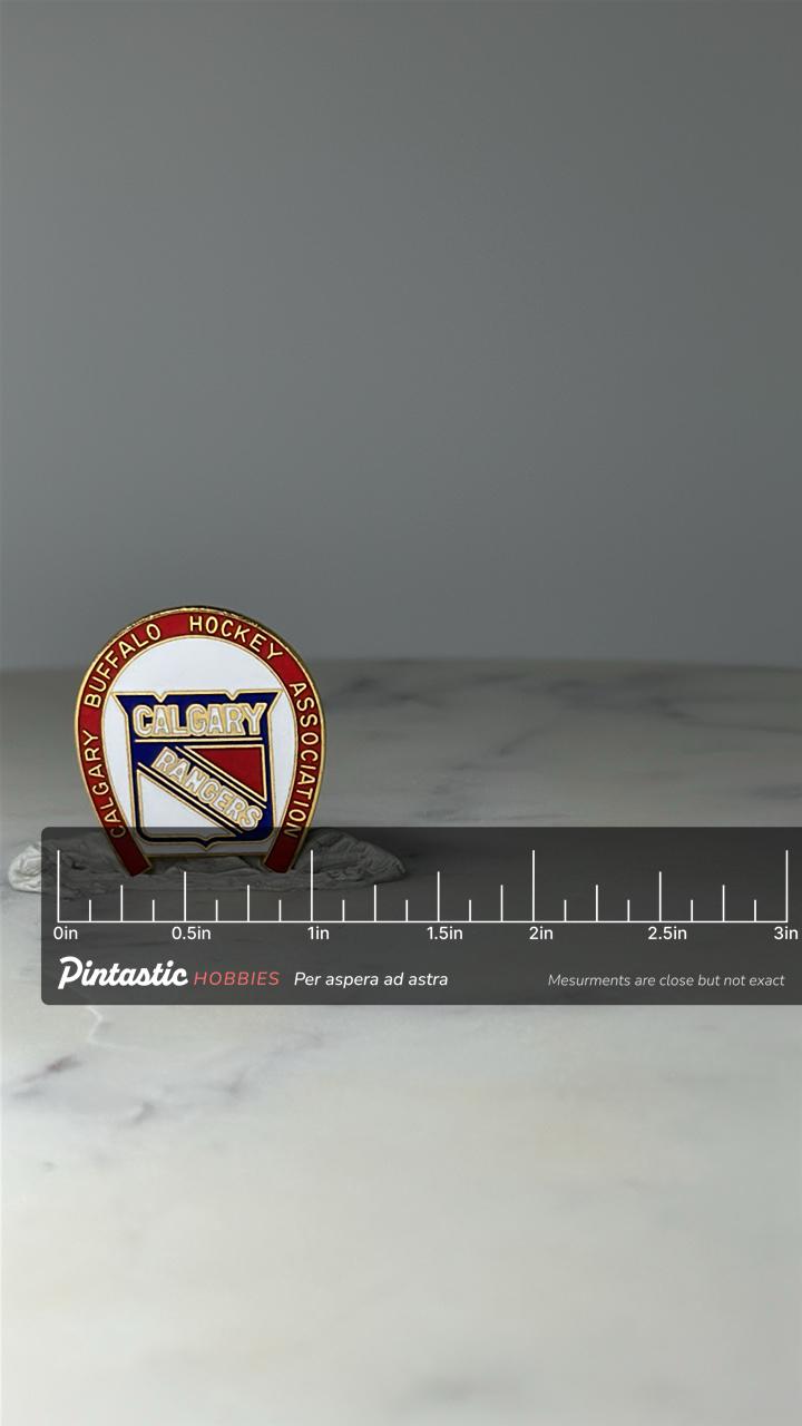 Vintage Calgary Rangers Hockey Pin: Red White Blue Enamel - 1980s Sports Accessory with ruler overlay for size reference