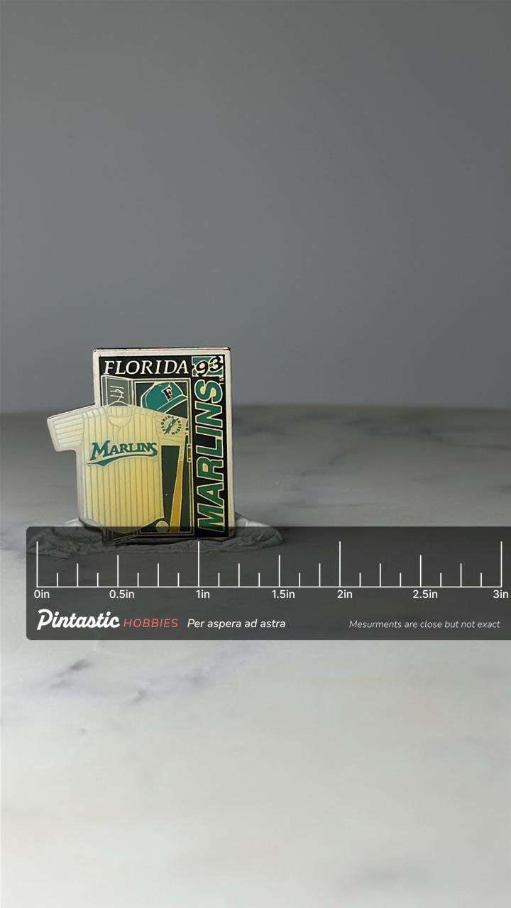 Vintage Florida Marlins Locker Room Baseball Pin: White Jersey - 1993 MLB Accessory with ruler overlay for size reference