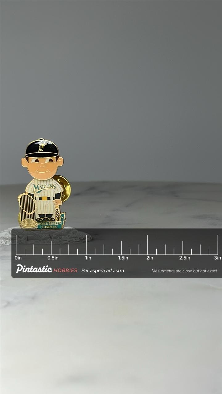 Vintage Florida Marlins Bobbing Head Pin: Gold Tone - 2003 World Series Accessory with ruler overlay for size reference