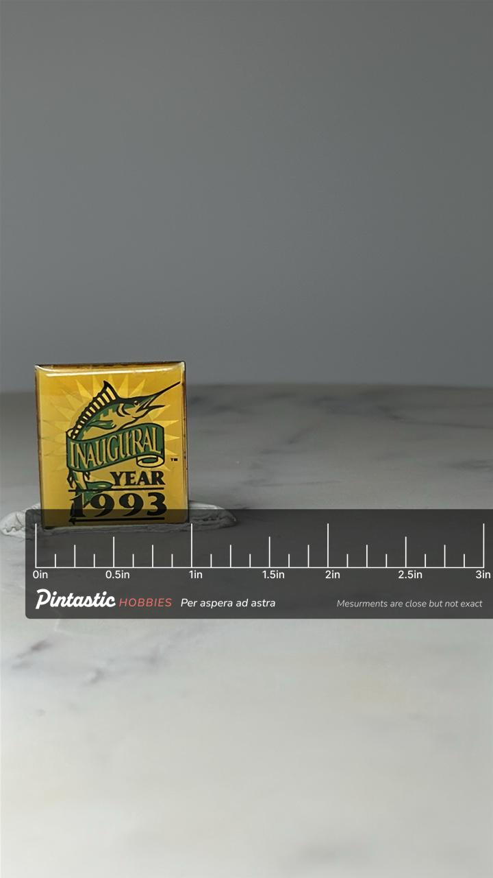 Vintage Florida Marlins Lapel Pin: Yellow Enamel - 1993 Inaugural Year Accessory with ruler overlay for size reference