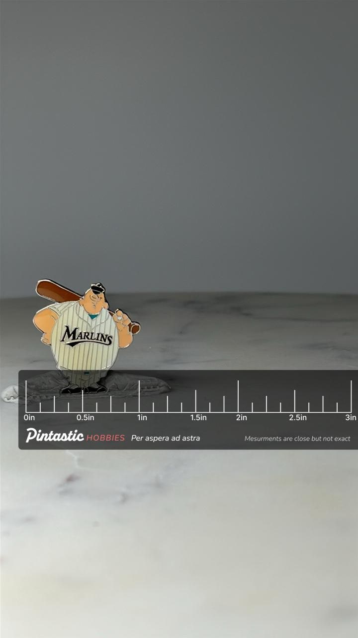 Vintage Florida Marlins Baseball Pin: Enamel Mascot - MLB Sports Accessory with ruler overlay for size reference
