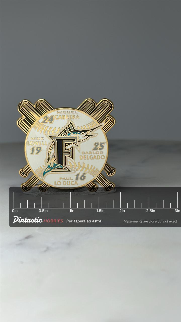 Limited Edition Florida Marlins Players MLB Pin 90 of 300: Gold Enamel - 2000s Baseball Accessory with ruler overlay for size