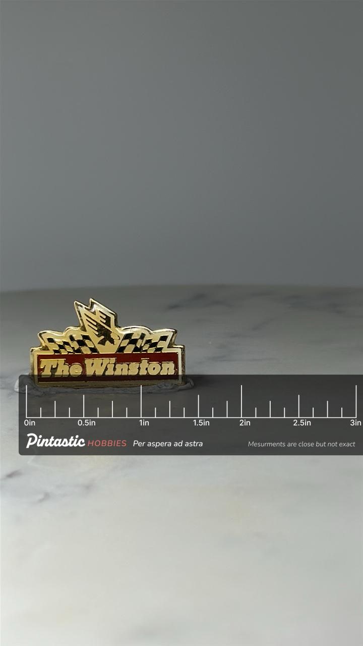 Vintage The Winston Racing Pin: Gold Tone Enamel - NASCAR Era Accessory with ruler overlay for size reference