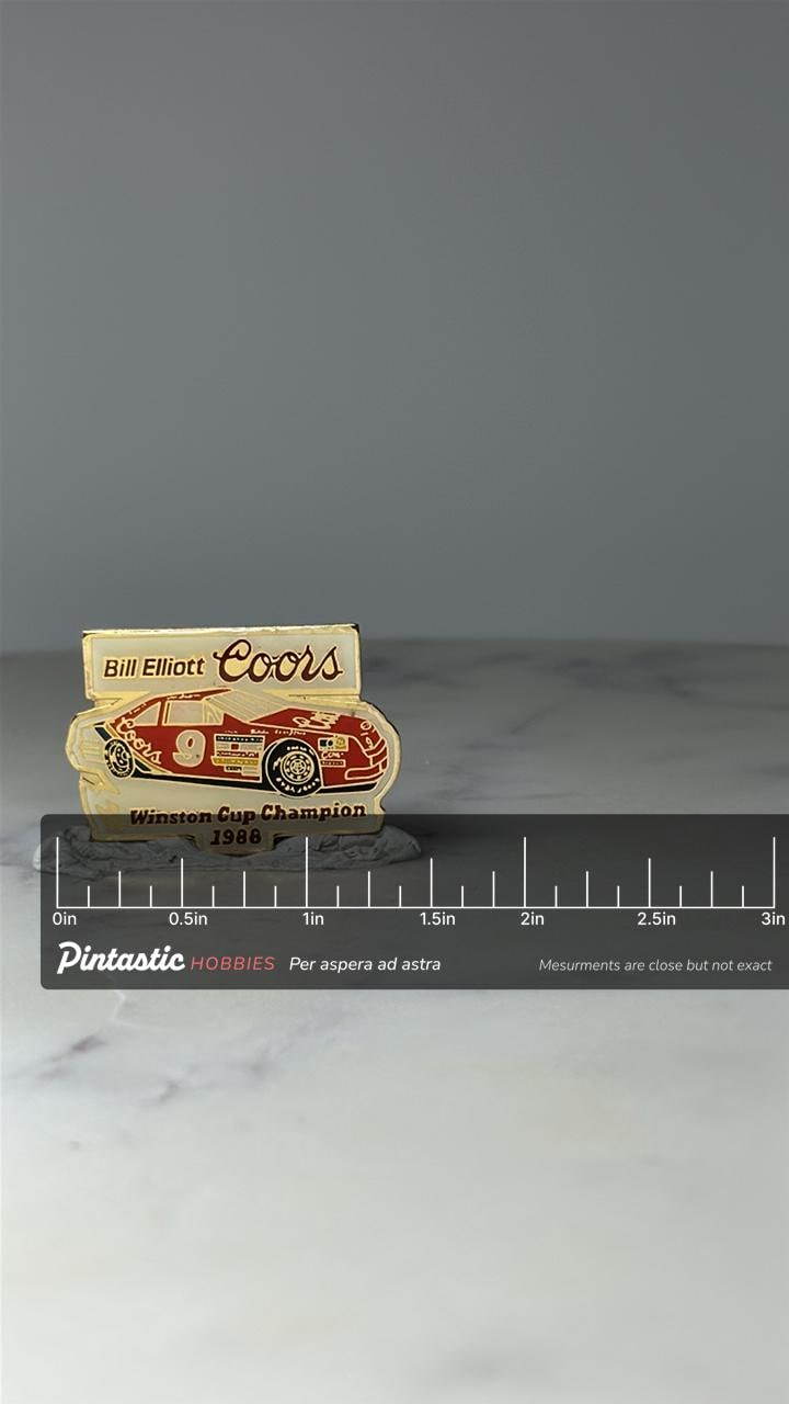 Vintage Bill Elliott NASCAR Pin: Gold Enamel - 1988 Champion with ruler overlay for size reference