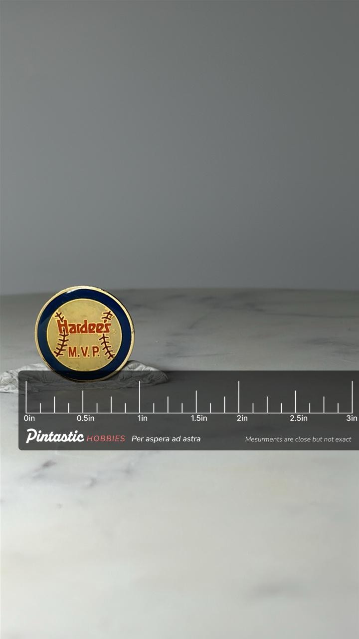 Vintage Hardees MVP Baseball Pin: Gold Tone Enamel - 1980s Promo Accessory with ruler overlay for size reference