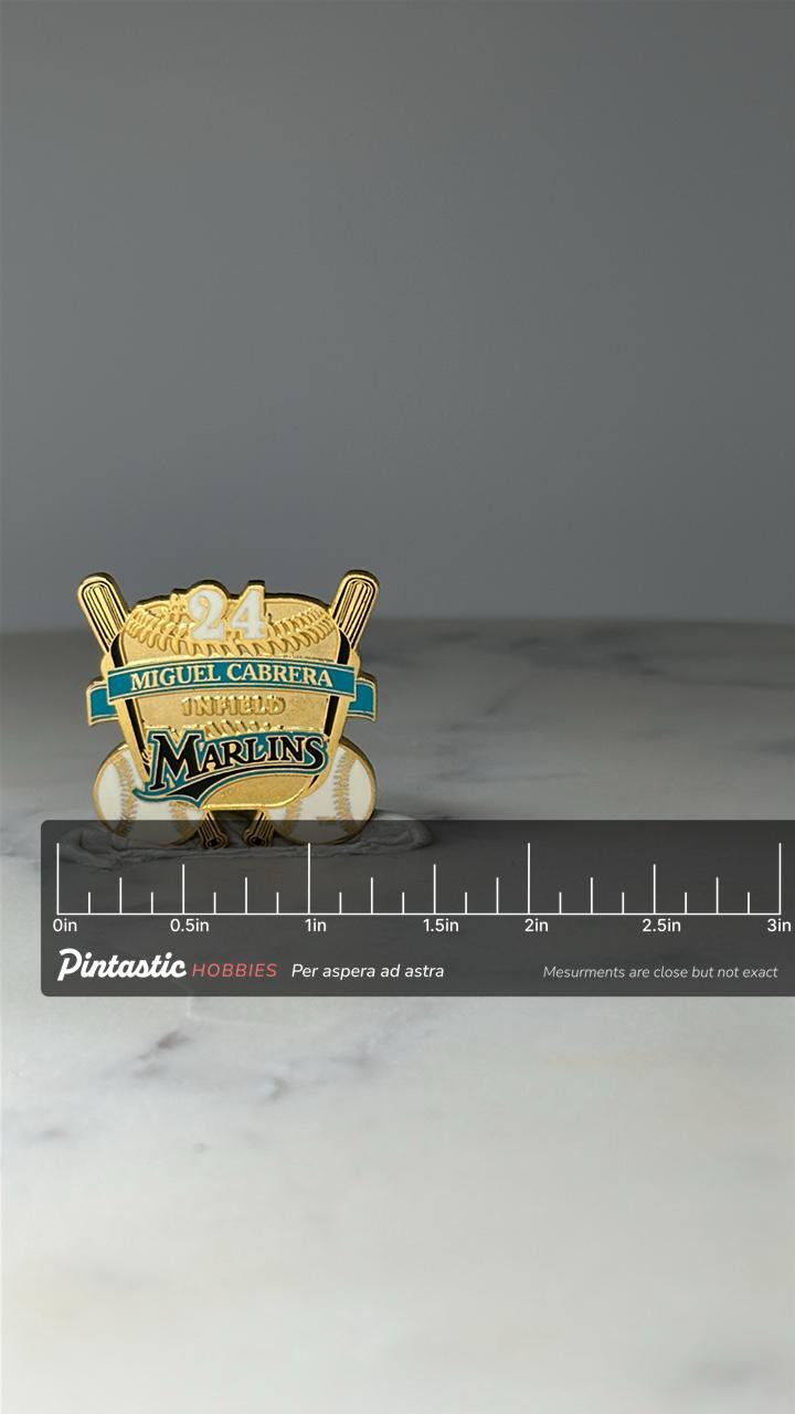 Vintage Limited Edition Miguel Cabrera Baseball Pin 199 of 300: Gold Enamel - Marlins MLB Accessory with ruler overlay for si